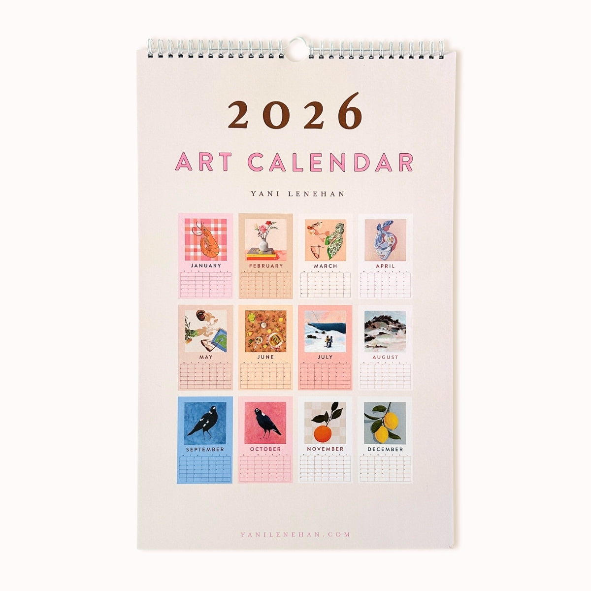 2026 Art Calendar with colorful month indicators on a white background