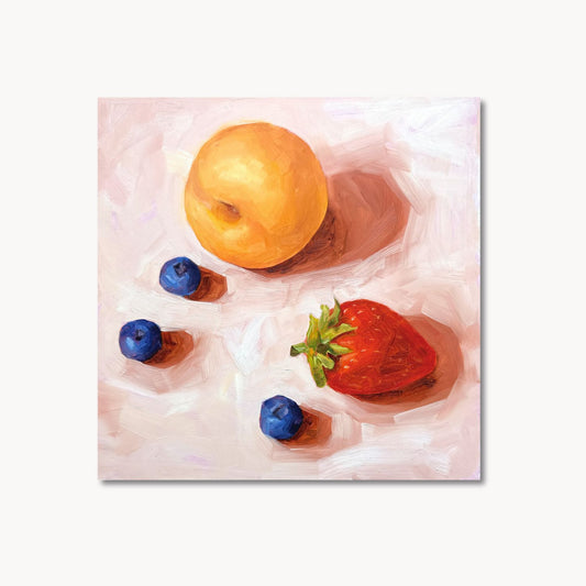 contemporary and modern original oil painting of fruits such as apricot, strawberry and blueberries on a textured creamy colored background