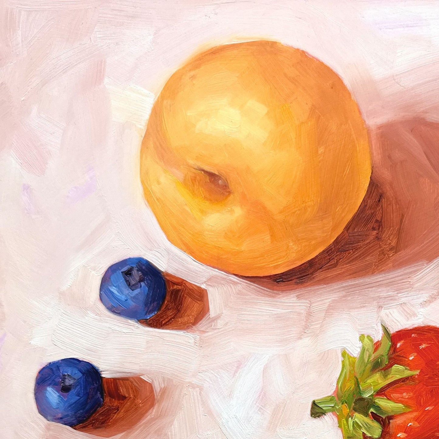 contemporary and modern original oil painting of fruits such as apricot, strawberry and blueberries on a textured creamy colored background