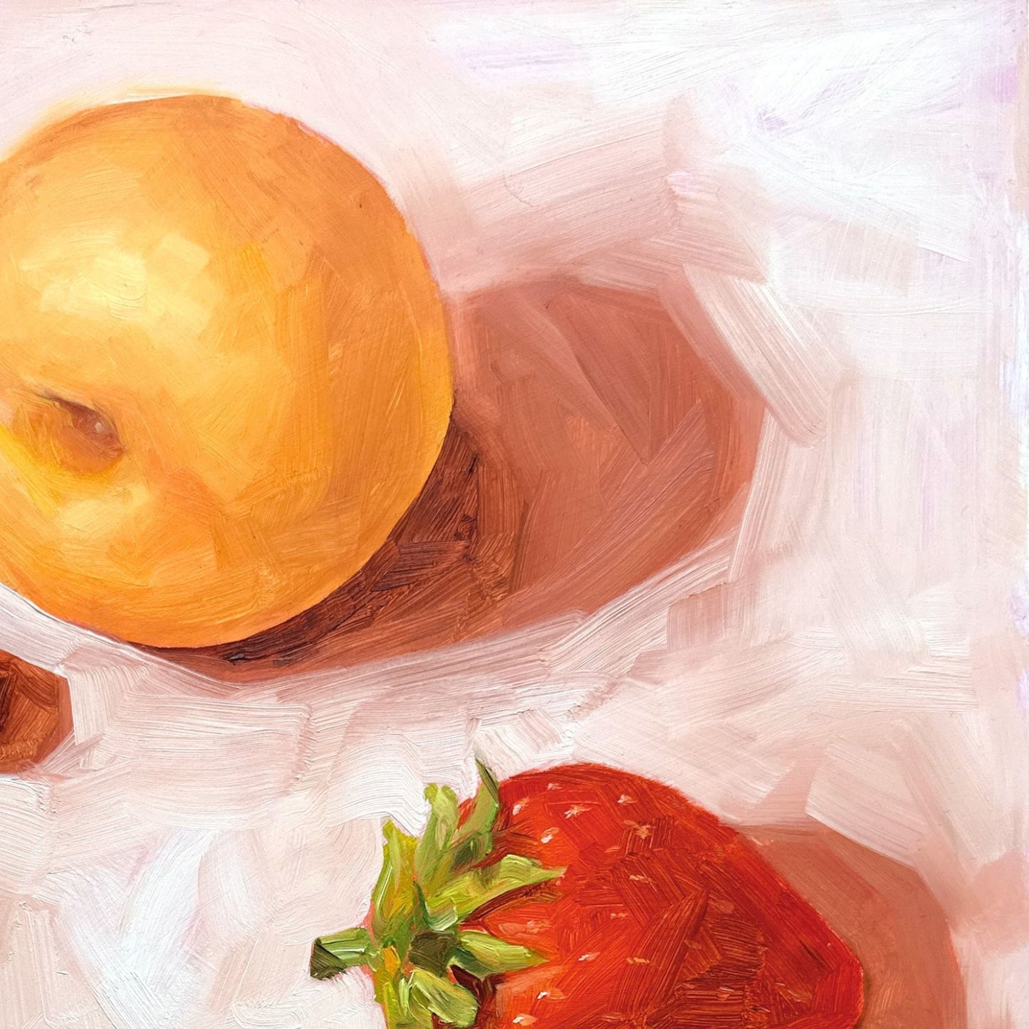 contemporary and modern original oil painting of fruits such as apricot, strawberry and blueberries on a textured creamy colored background