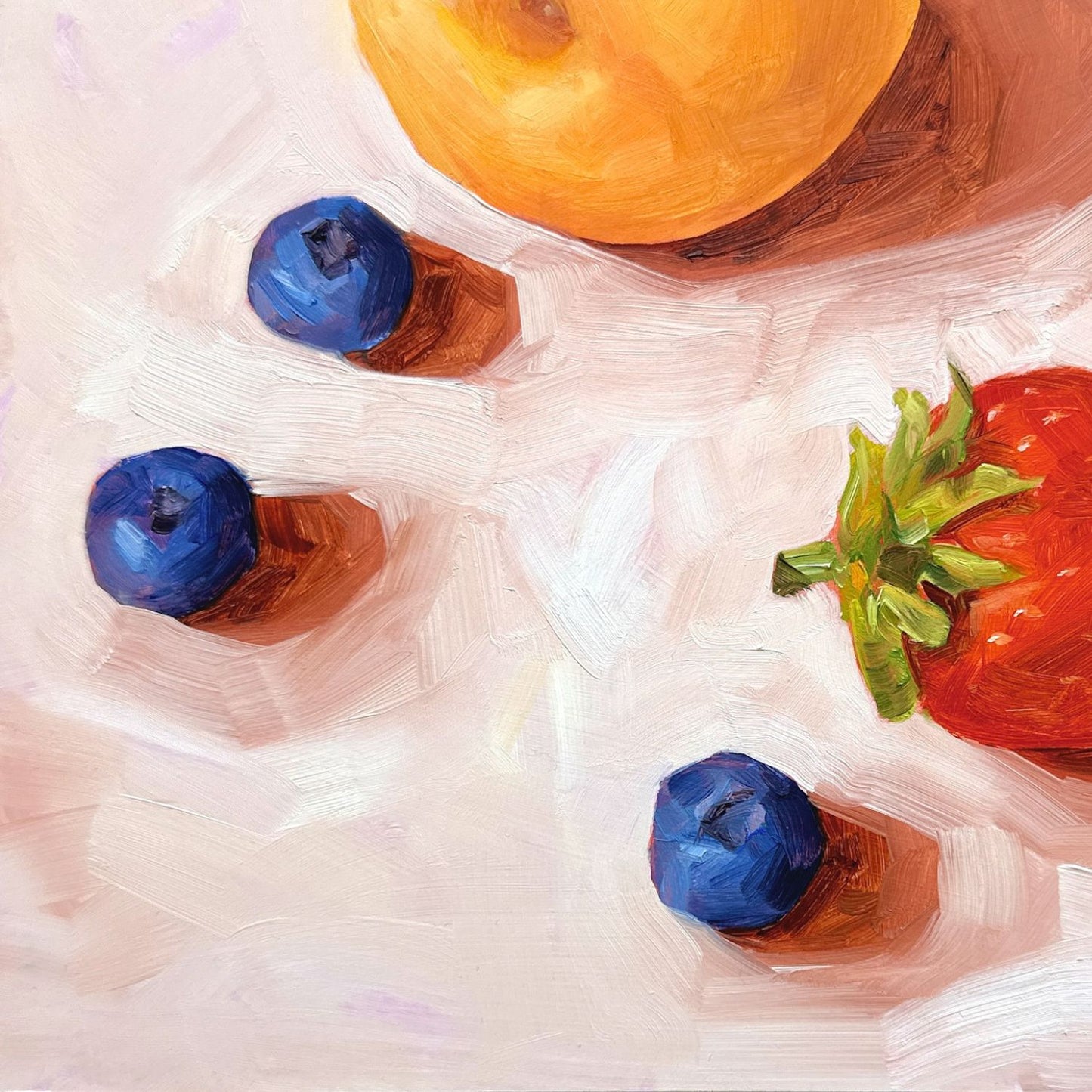 contemporary and modern original oil painting of fruits such as apricot, strawberry and blueberries on a textured creamy colored background