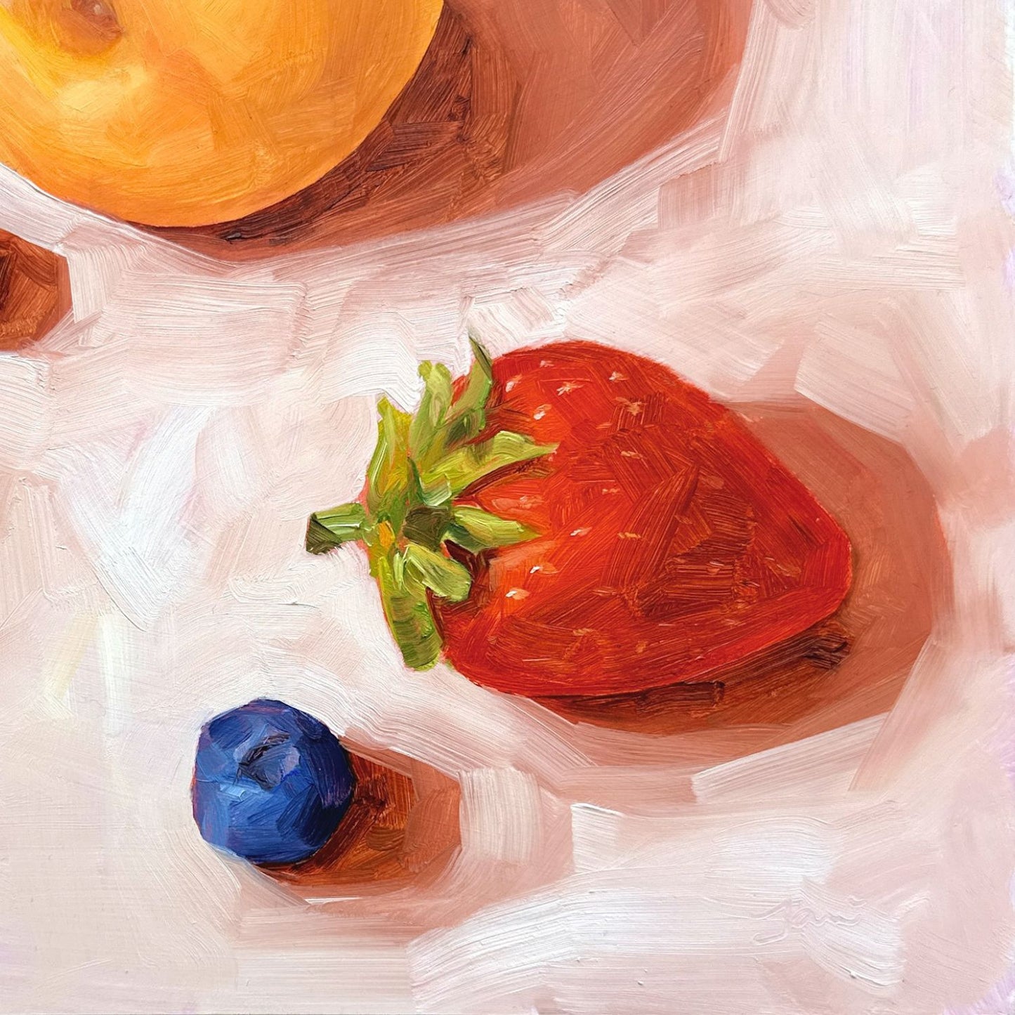 contemporary and modern original oil painting of fruits such as apricot, strawberry and blueberries on a textured creamy colored background