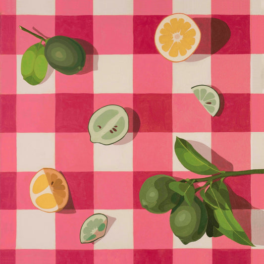 art tea towel of gingham checkered background in pink with lemons and limes