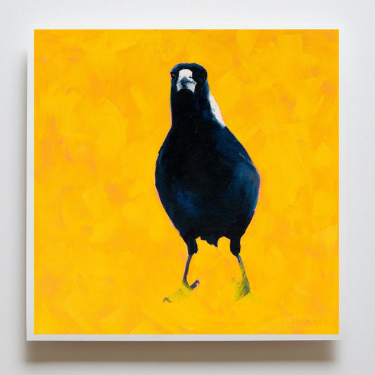 fine art acid free archival paper print of an original oil painting of a  baby magpie bird with a bright yellow textured background