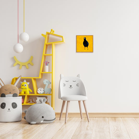 fine art canvas paper of an original oil painting of a baby magpie bird with a bright yellow background