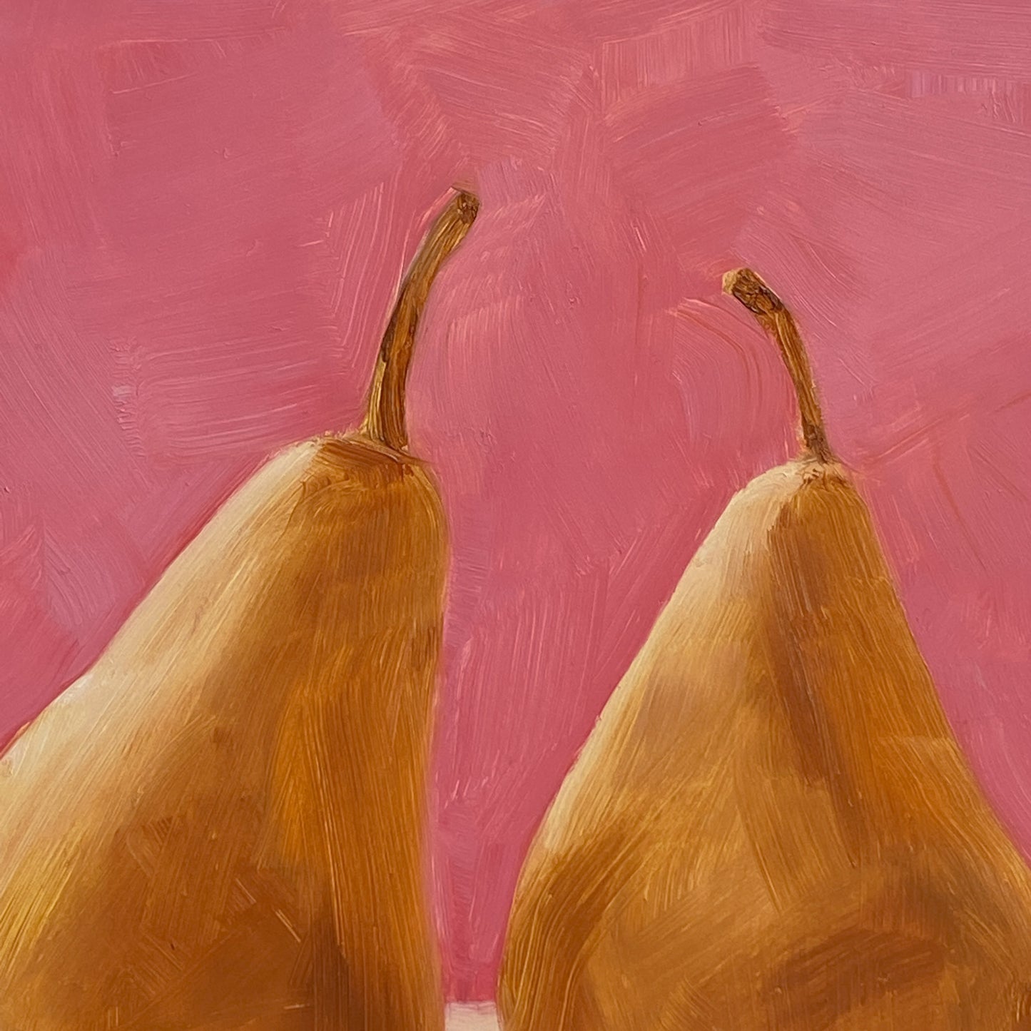 closeup of an original oil paintings of three beurre Bosc pears on a warm pink and creamy background