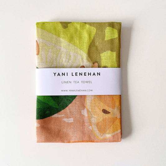 100% pure linen contemporary colourful fruit art tea towel