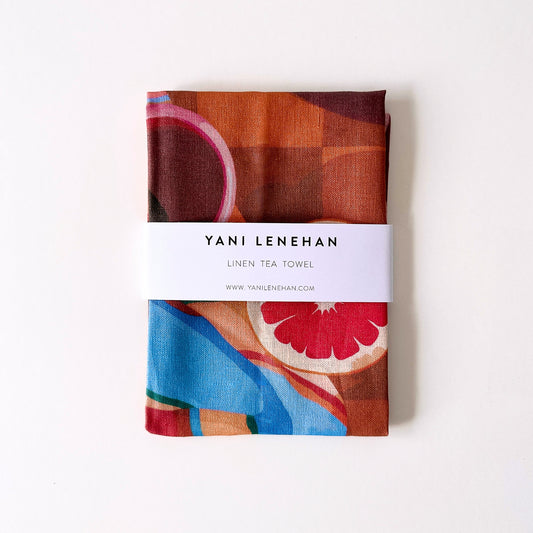 100% pure linen contemporary colourful fruit art tea towel