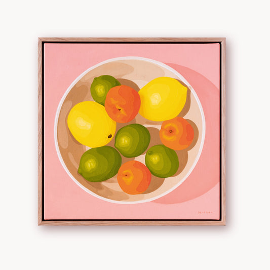 contemporary modern original oil painting of colourful lemons, mandarines and lime fruits in a bowl on a soft pink background