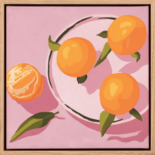 original oil painting of mandarines with green leaves on a light pinky lavender plate and background