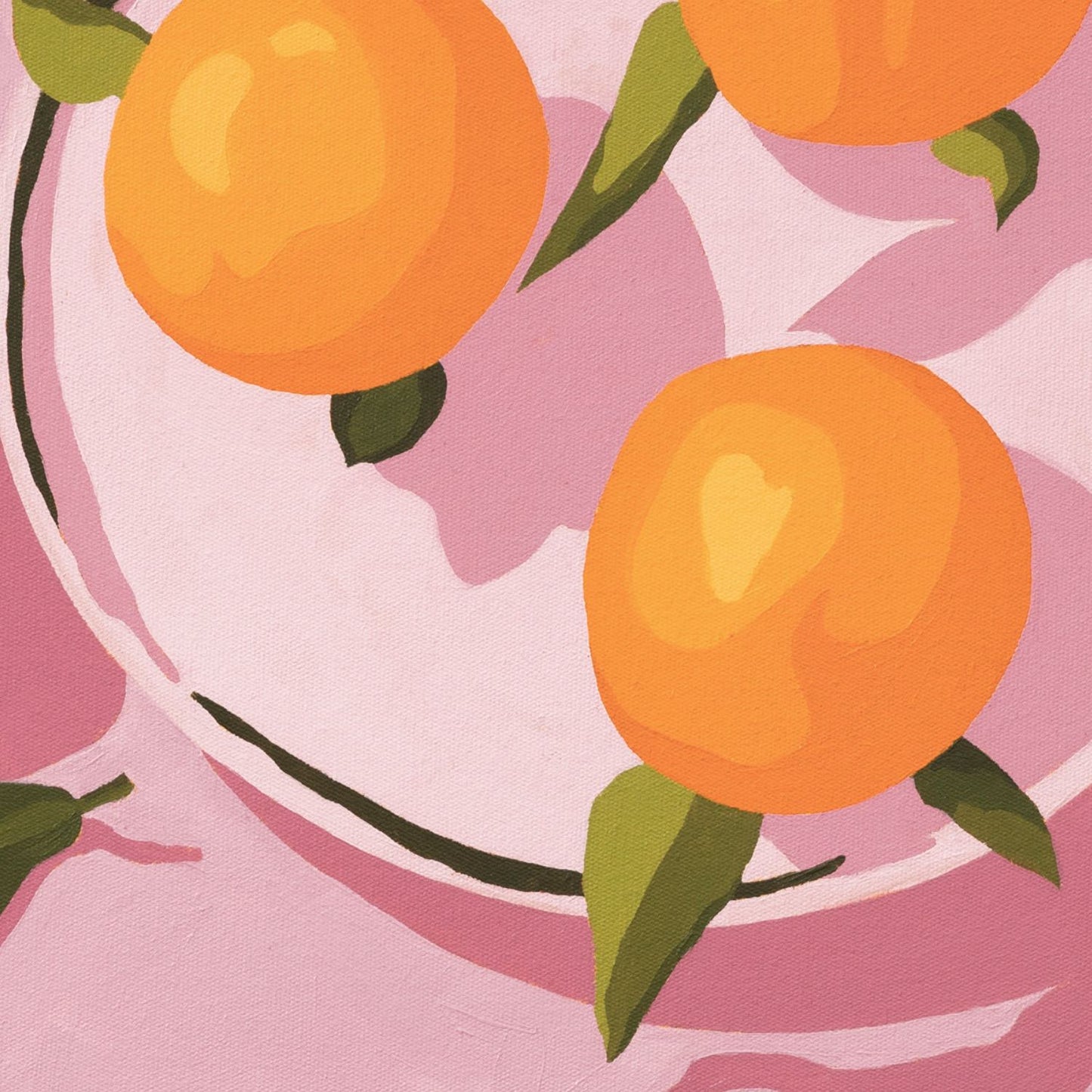 original oil painting of mandarines with green leaves on a light pinky lavender plate and background