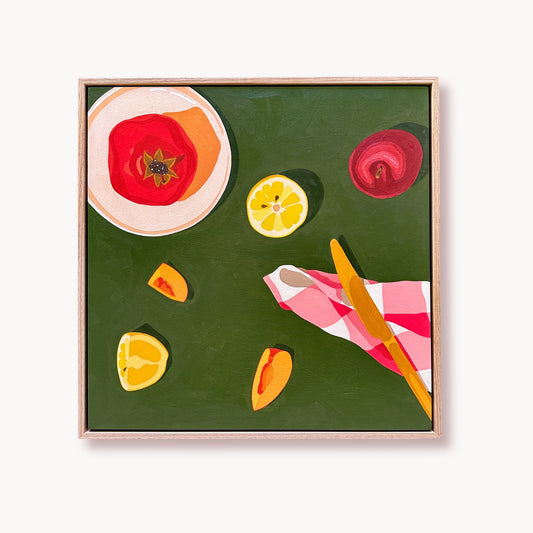 contemporary modern original oil painting of colourful fruits on a deep green background