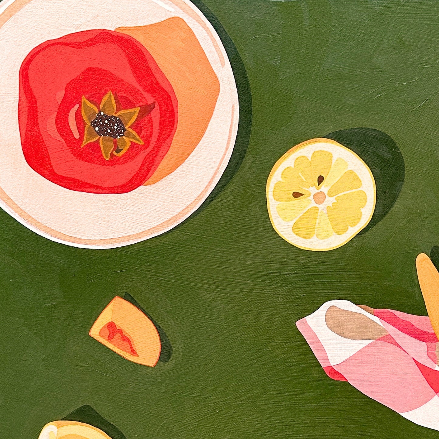 contemporary modern original oil painting of colourful fruits on a deep green background