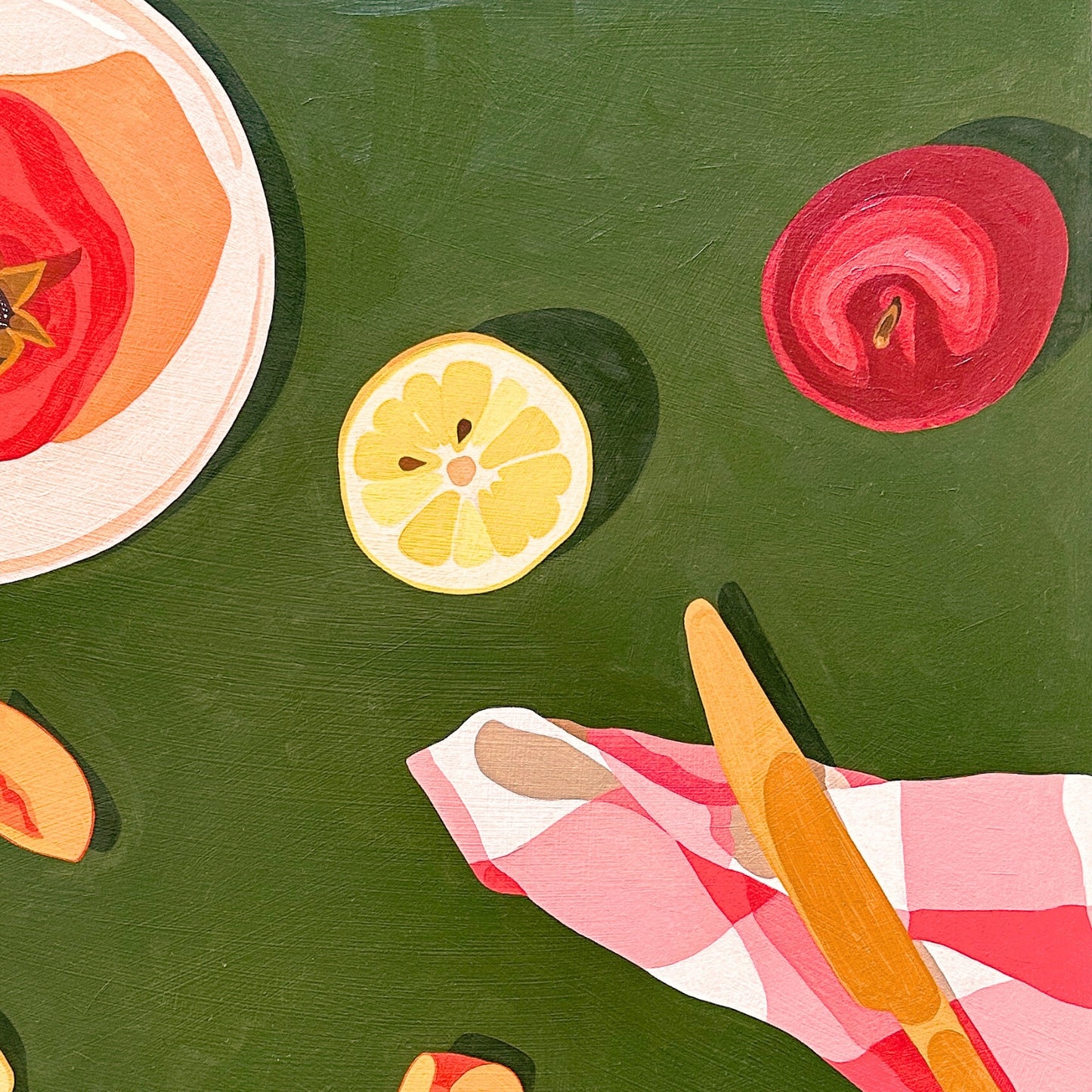 contemporary modern original oil painting of colourful fruits on a deep green background