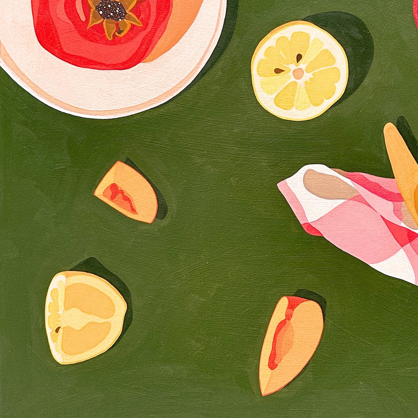 contemporary modern original oil painting of colourful fruits on a deep green background