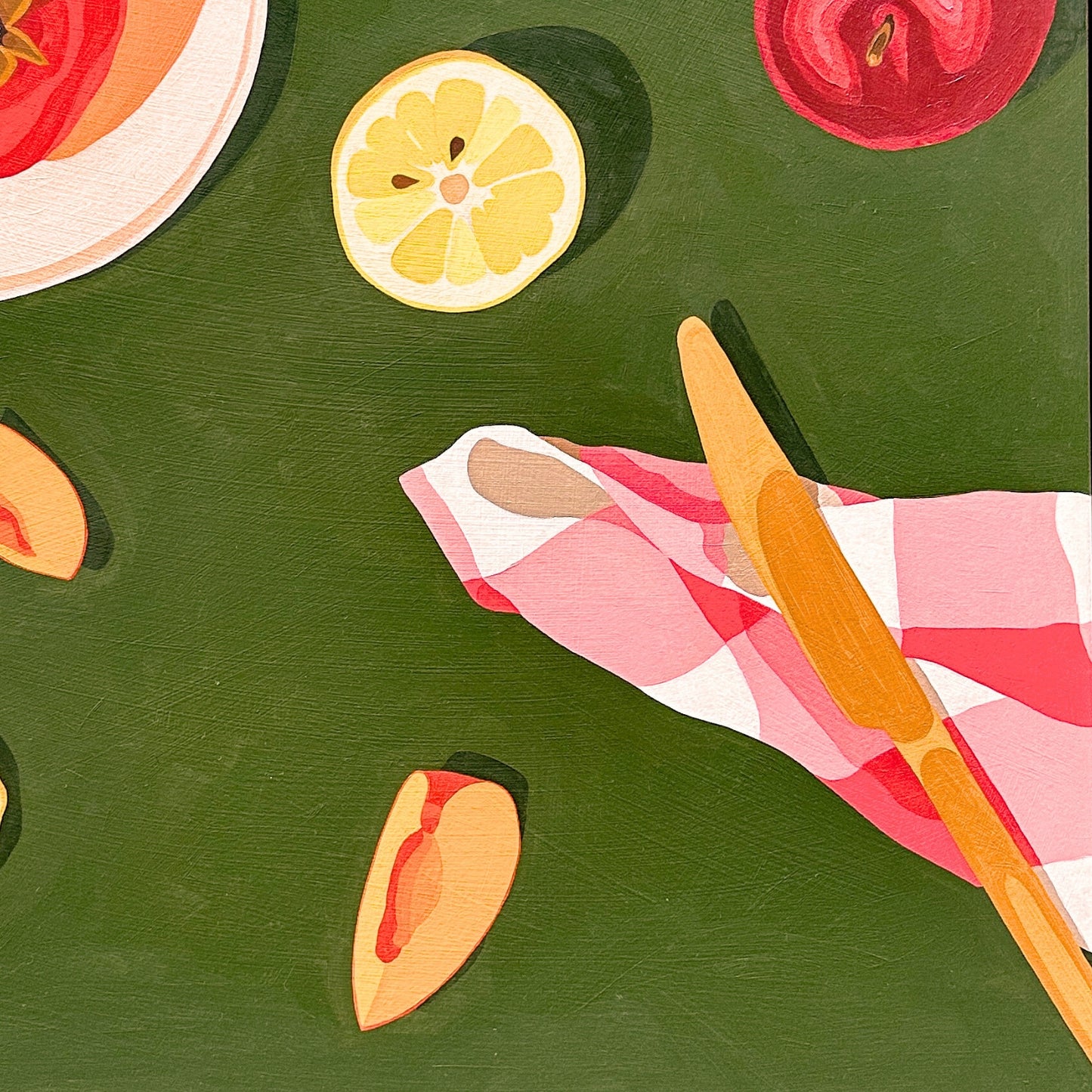 contemporary modern original oil painting of colourful fruits on a deep green background
