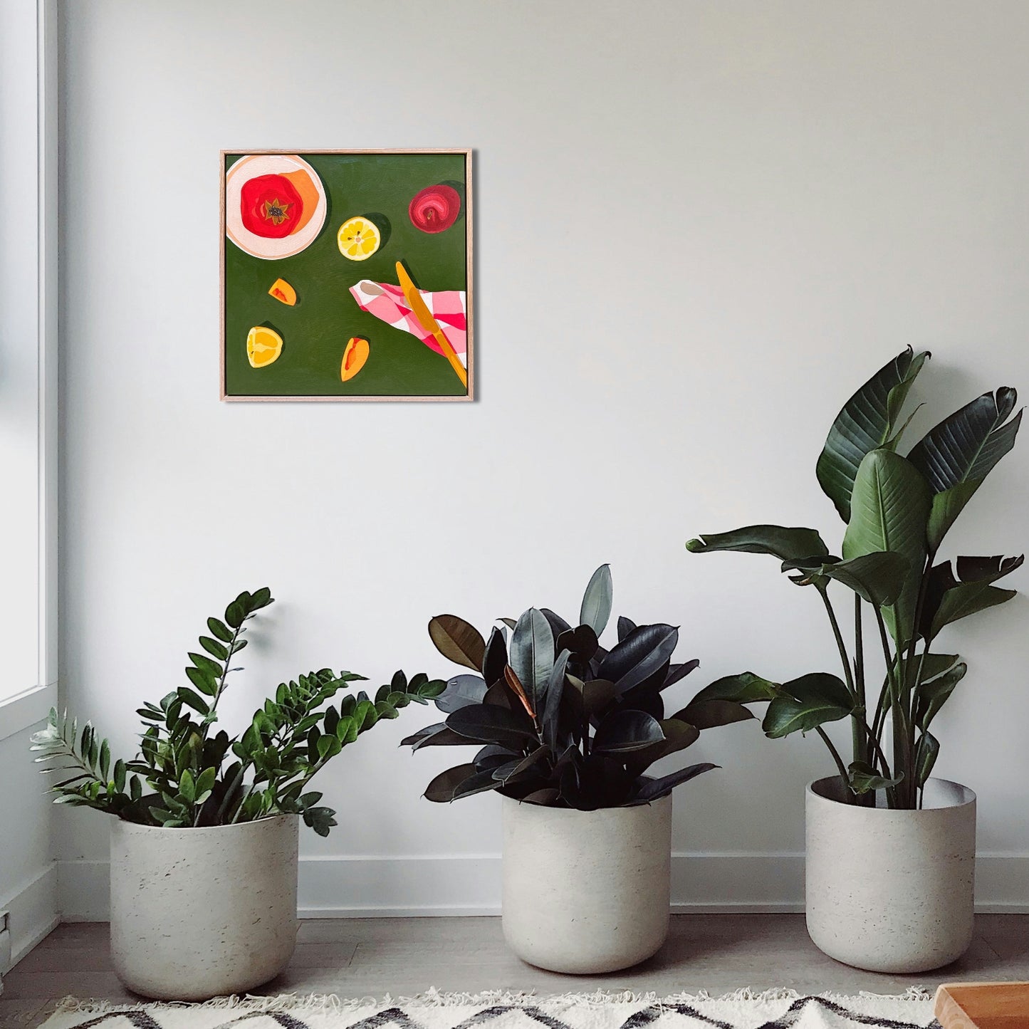 contemporary modern original oil painting of colourful fruits on a deep green background