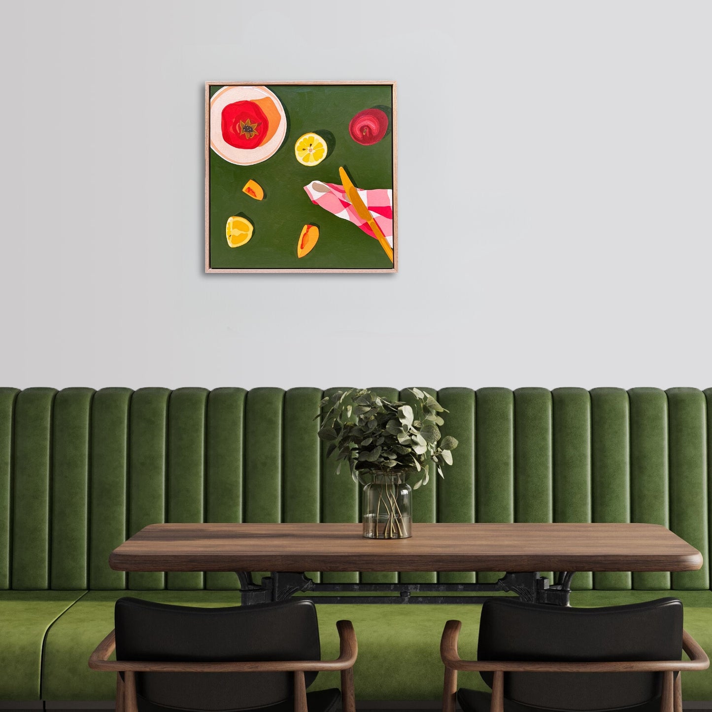 contemporary modern original oil painting of colourful fruits on a deep green background