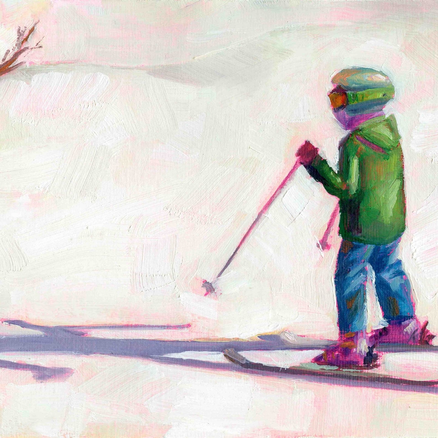 Skiier in a green jacket and colorful helmet on a snowy slope