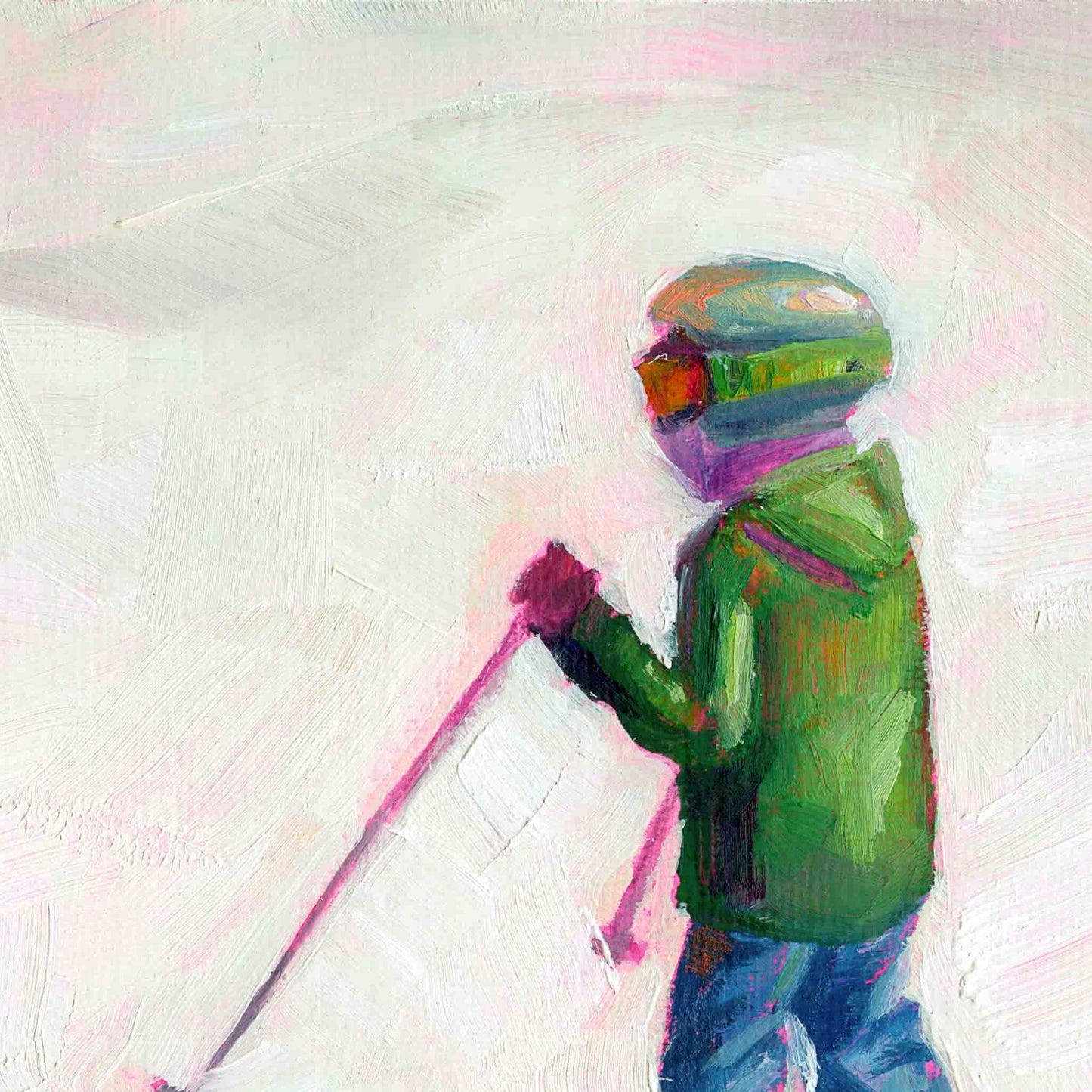 Artistic depiction of a skier with colorful attire on a textured white background