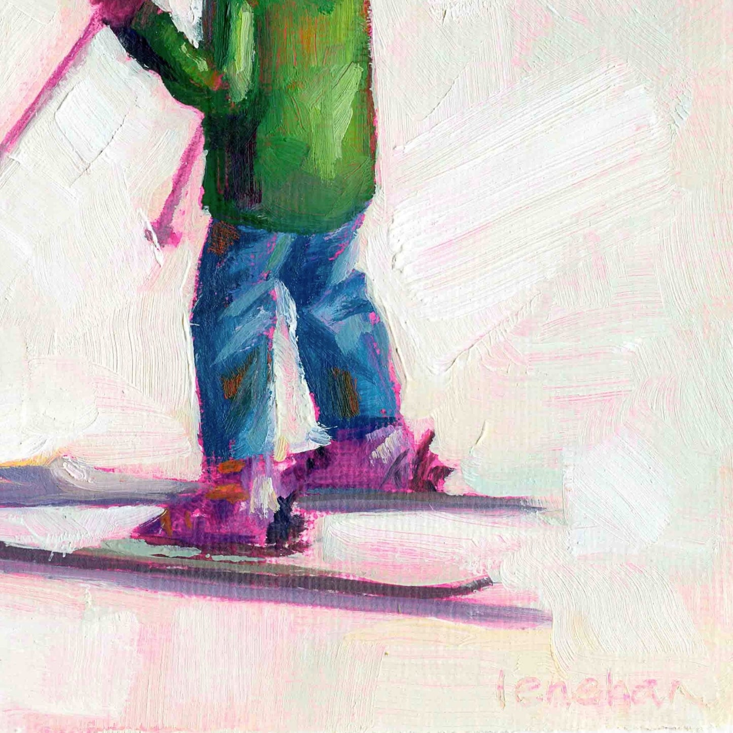Abstract painting of a person skiing with colorful brushstrokes