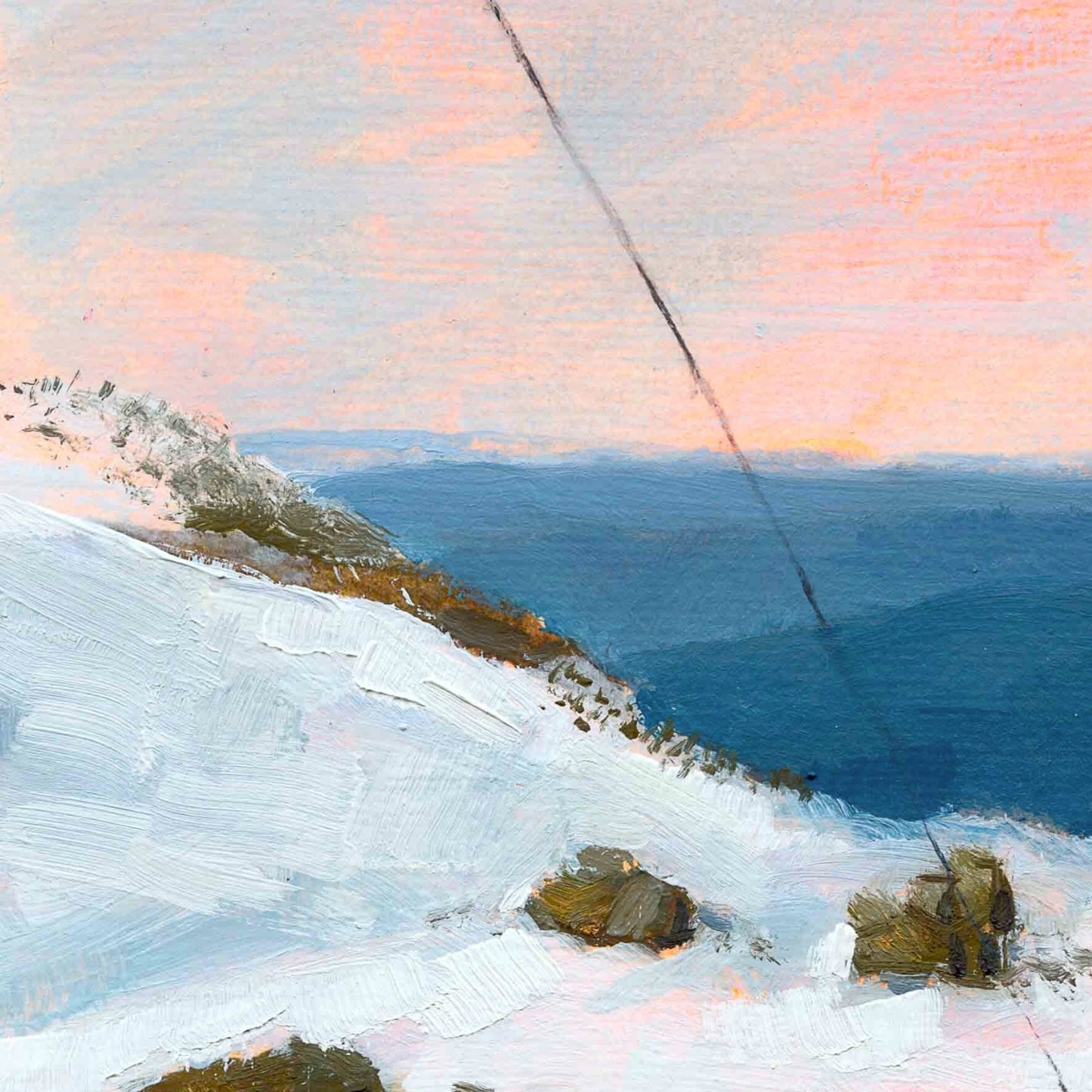 Painting of a snowy landscape with a body of water and pink sky.