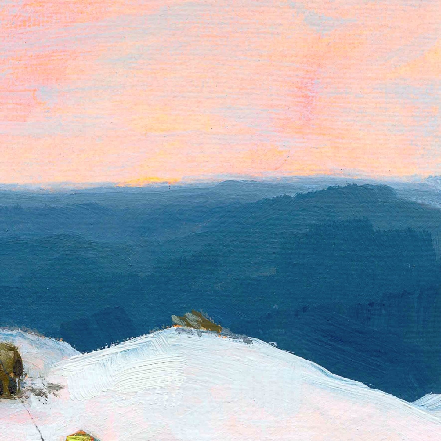 Painting of a landscape with a pink orange sky and blue mountains