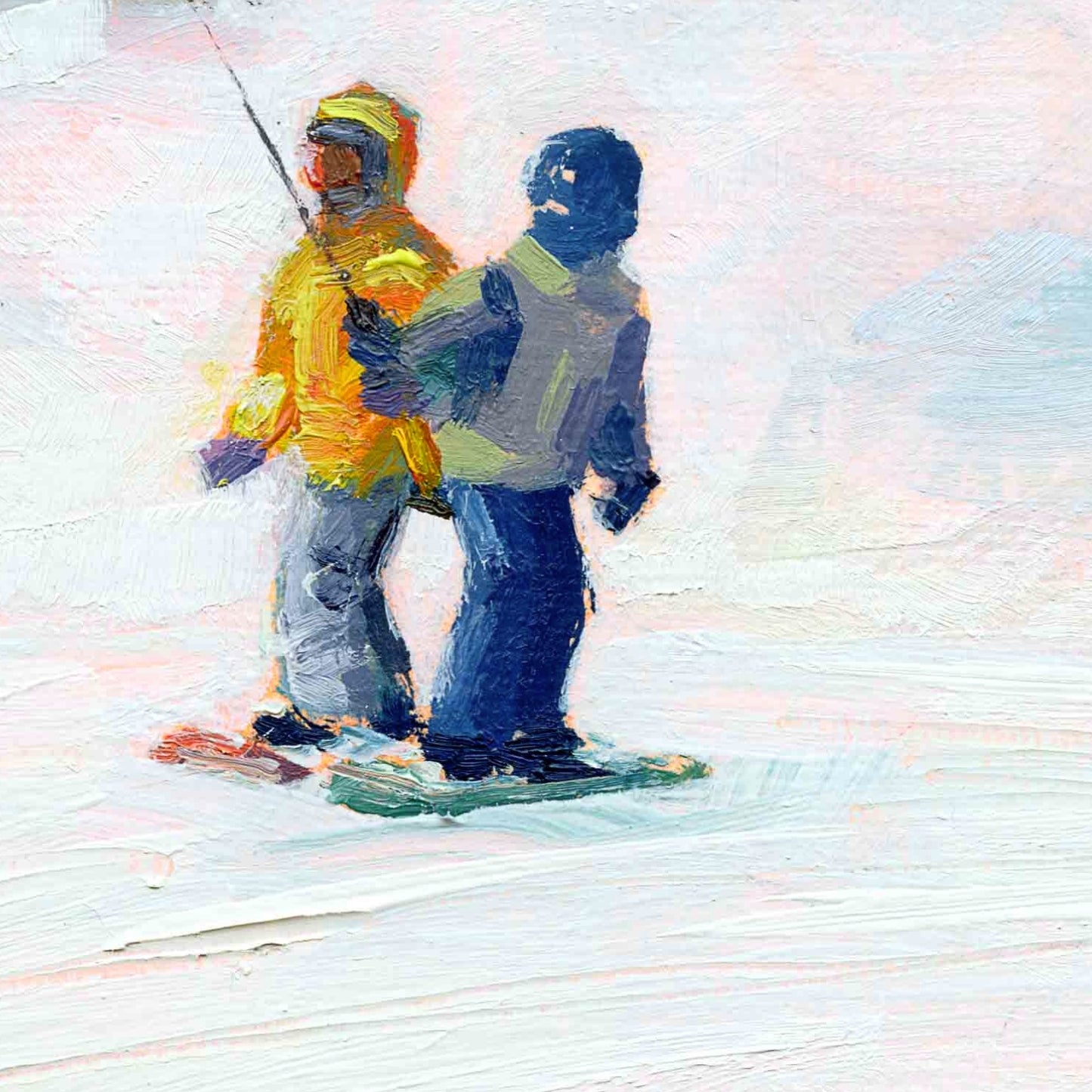 Two people snowboarding on a snowy landscape with a colorful, abstract style.