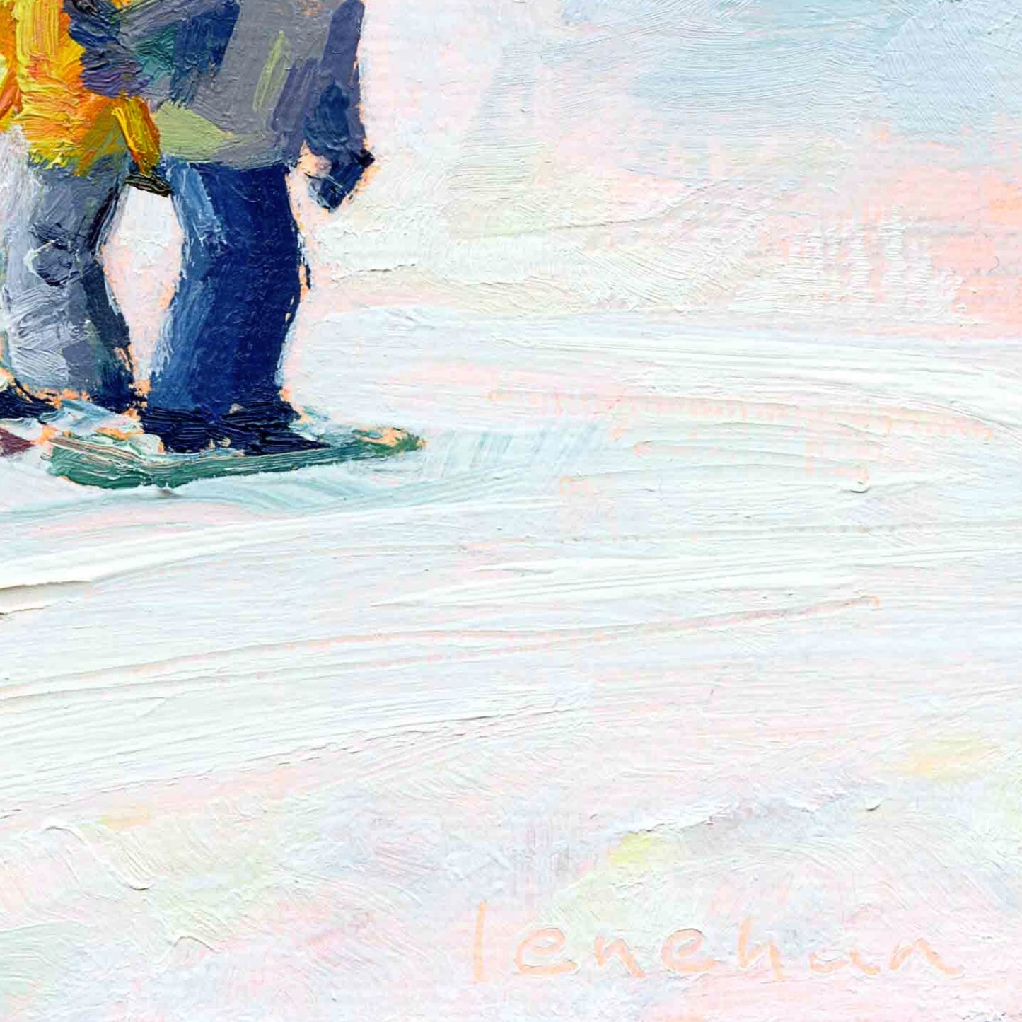 Abstract painting of two people walking on a snowy path with a signature at the bottom right corner.