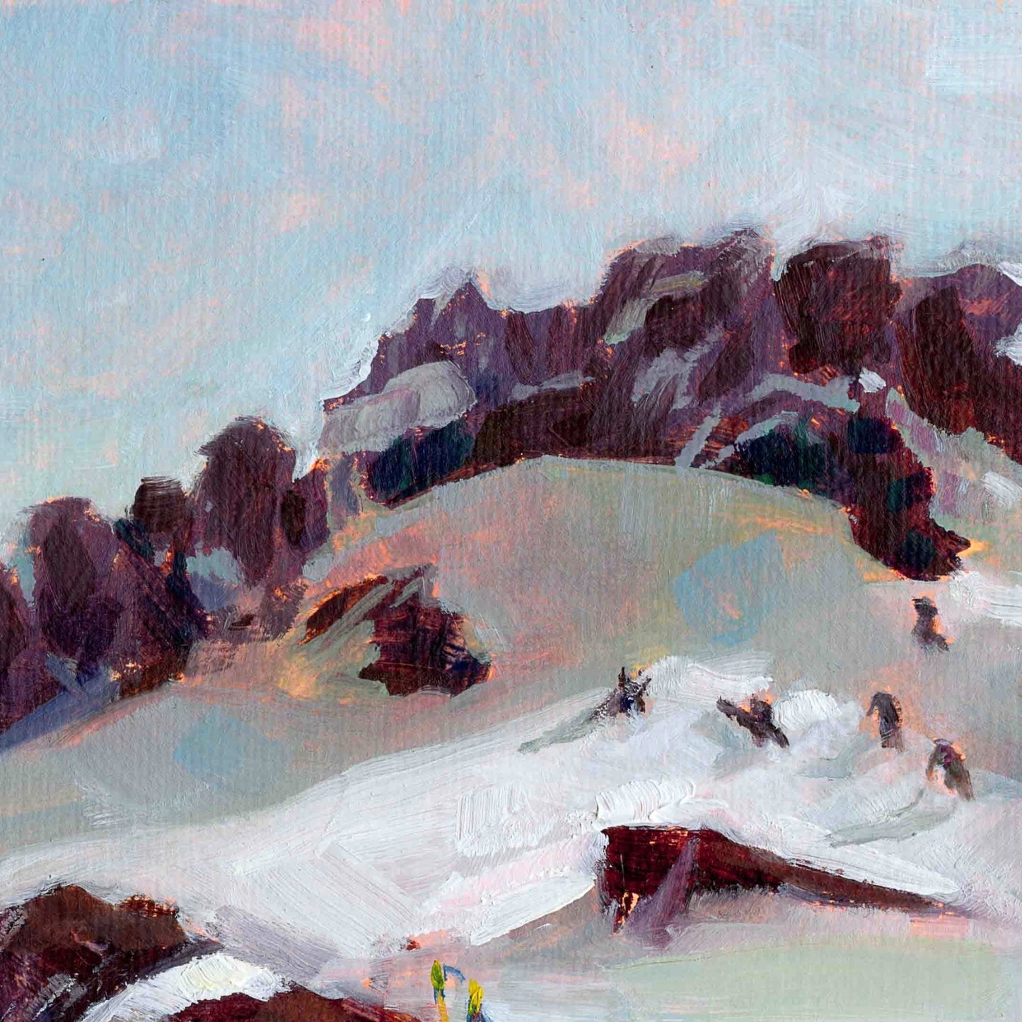 Painting of a mountain landscape with skiers