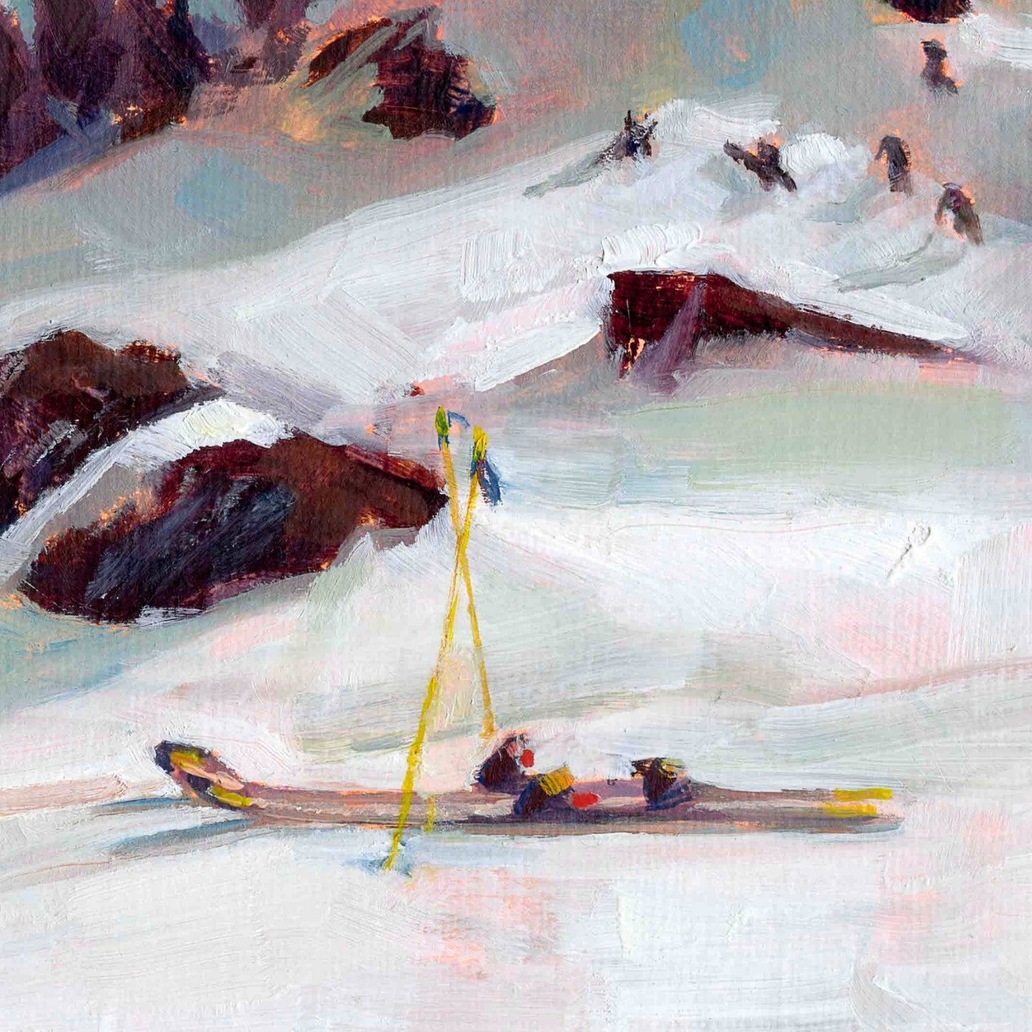 Painting of skiers on a snowy mountain with ski poles and skis.
