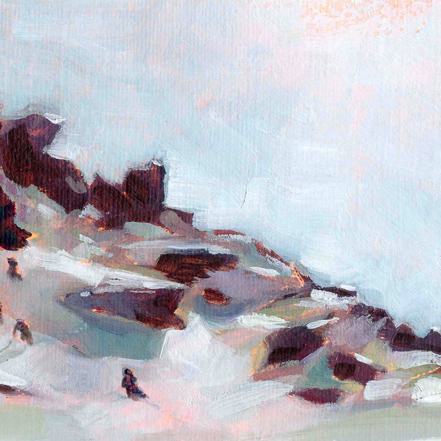 Abstract art with brown, beige, and white colors on a light blue background