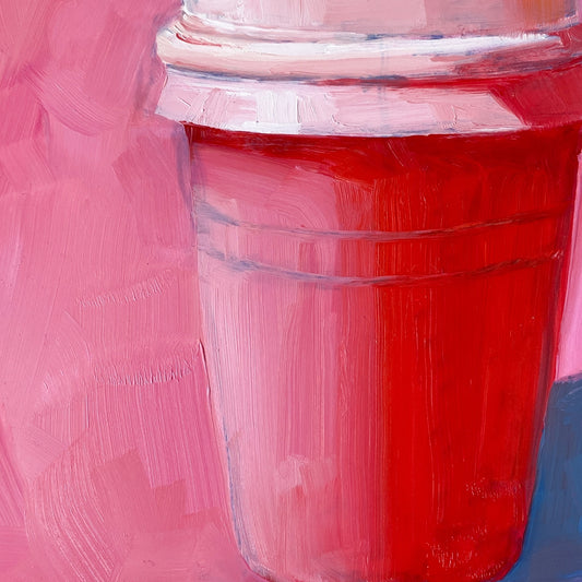 closeup of an original oil painting of a pink and red take away coffee cup on a textured bright pink background with strong greyish blue shadows