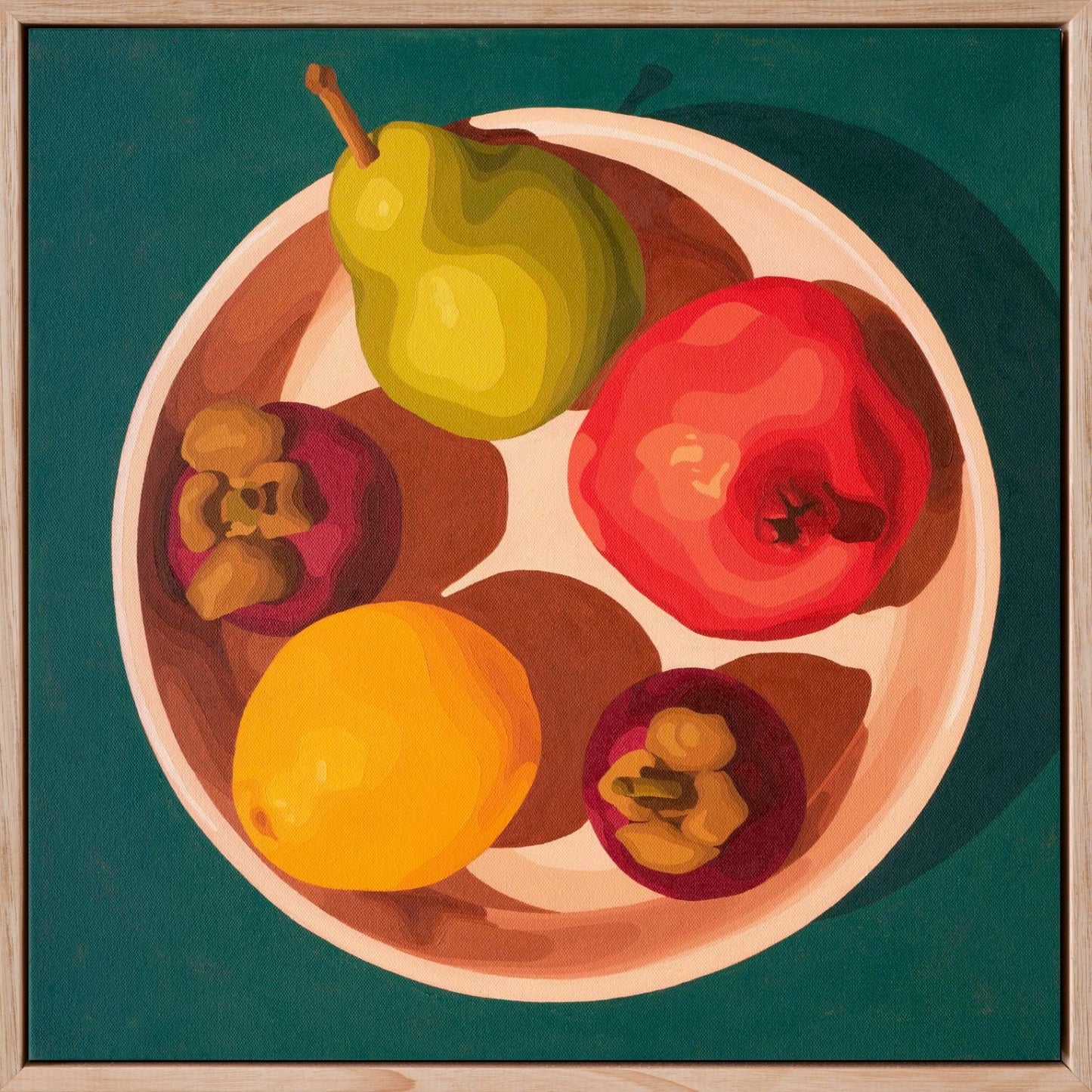 fine art print of a colorful and modern original oil painting of bright yellow lemons on a stripy light sky blue and blue background with strong darker blue shadows