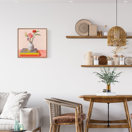 Modern living room with wooden furniture, decorative shelves, and wall art.