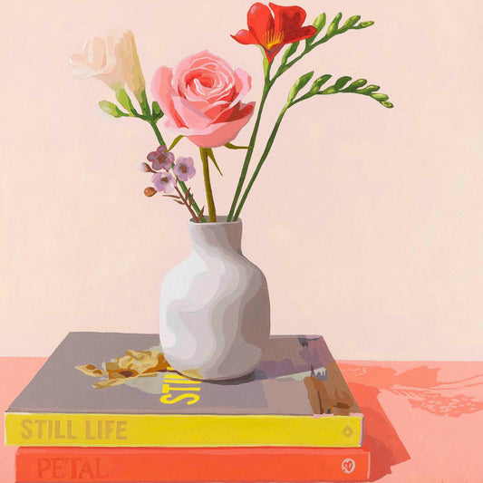 Art print of a still life scene with flowers in a vase on books against a light creamy background.