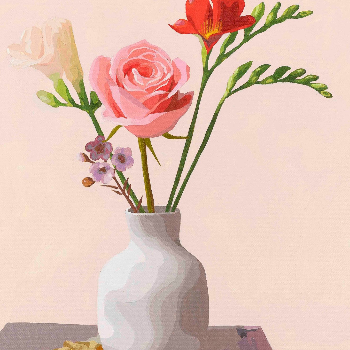 White vase with pink, red, and purple flowers on a light pink background