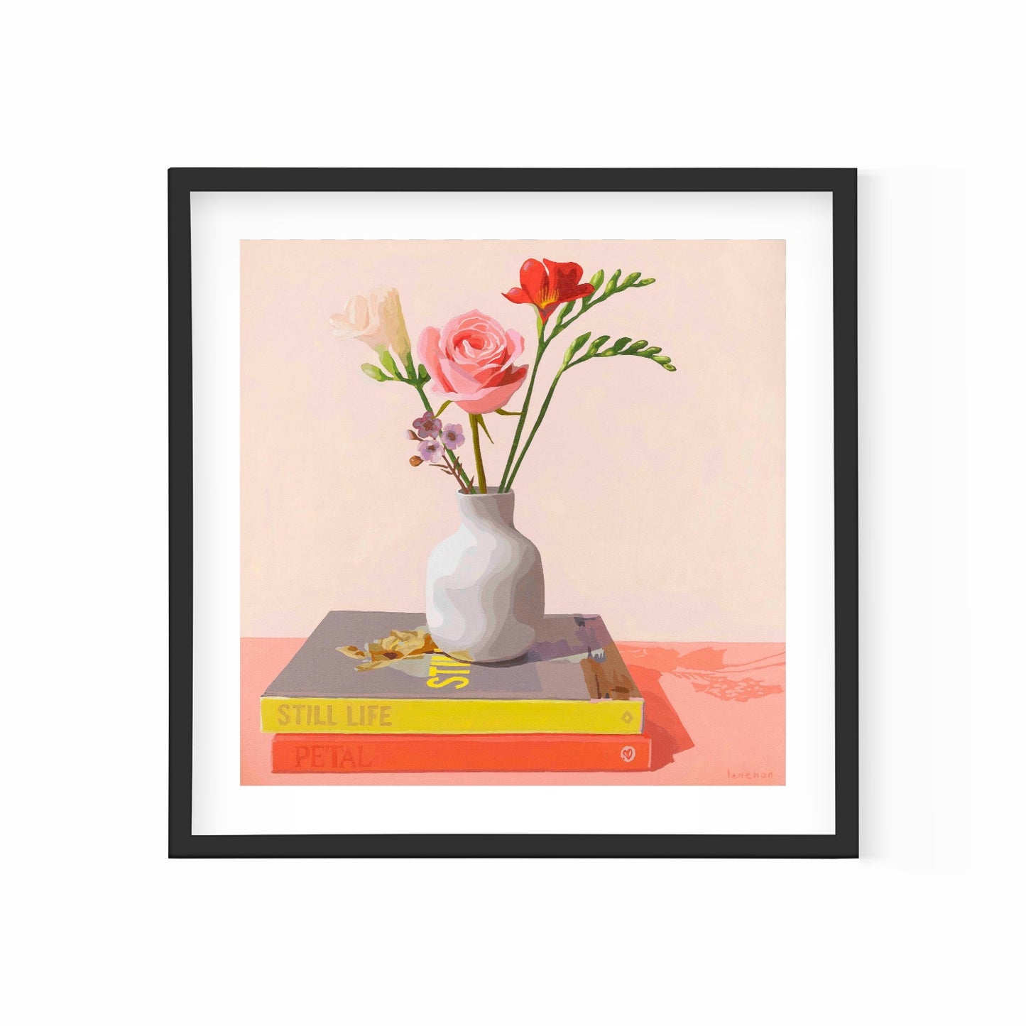 Framed artwork of a still life with books and flowers on a peach background