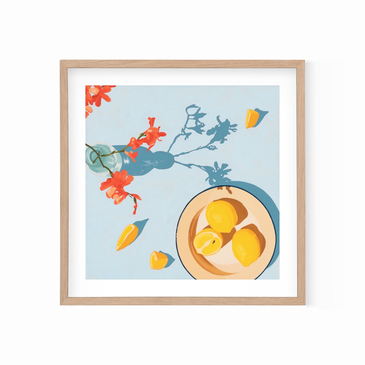 fine art paper print of a colorful and modern original oil painting of bright orange lemons and red orange flowers on a light sky blue background with strong darker blue shadows