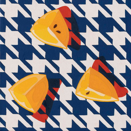 fine art print of a colorful and modern original oil painting of bright yellow lemons on a navy and white houndstooth background with strong shadows