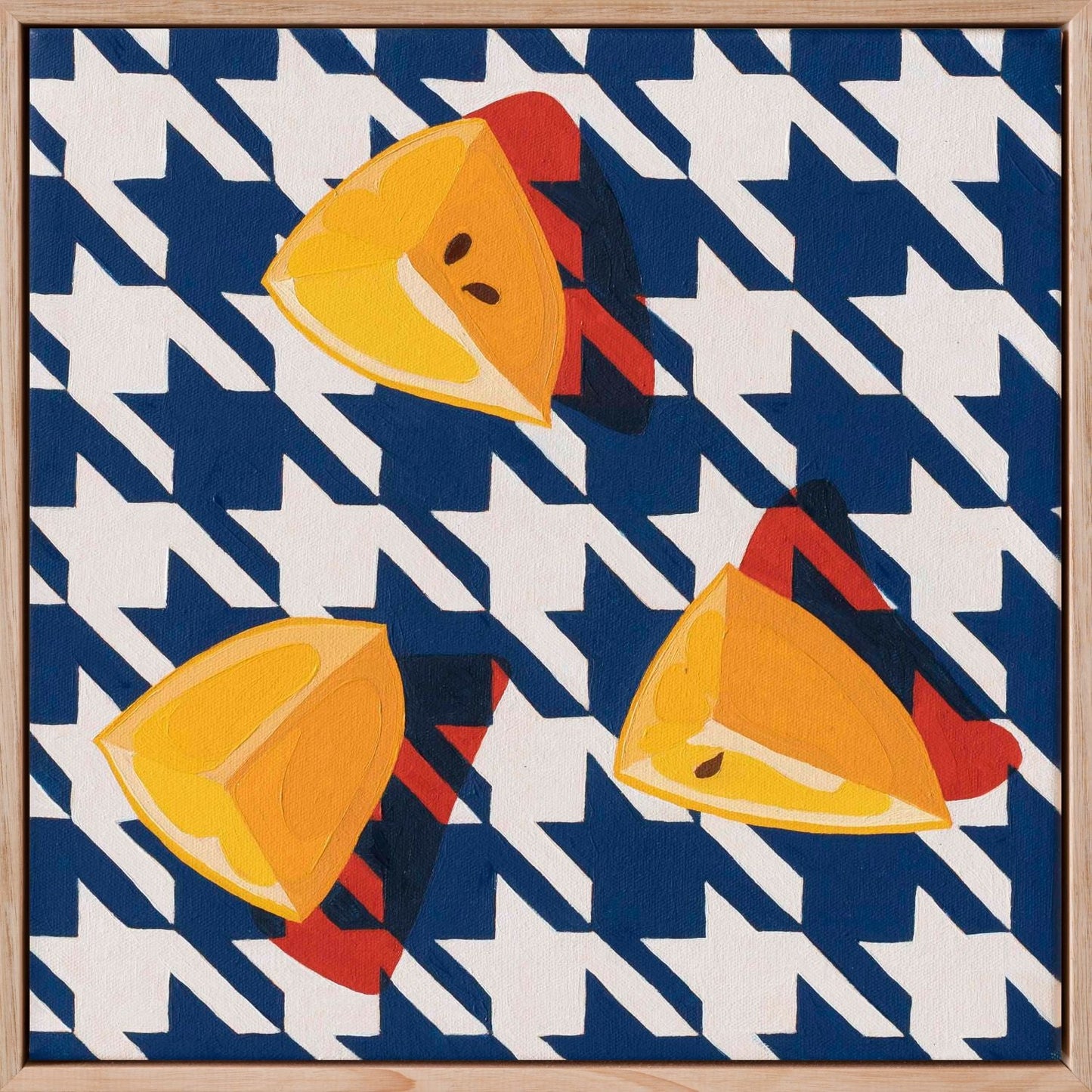 fine art print of a colorful and modern original oil painting of bright yellow lemons on a navy and white houndstooth background with strong shadows