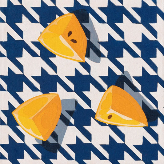 fine art print of a colorful and modern original oil painting of bright yellow lemons on a houndstooth navy blue and white background with strong shadows
