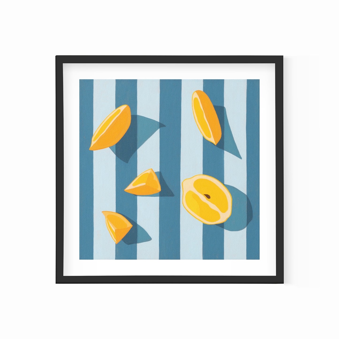fine art print of a colorful and modern original oil painting of bright yellow lemons on a stripy light sky blue and blue background with strong darker blue shadows