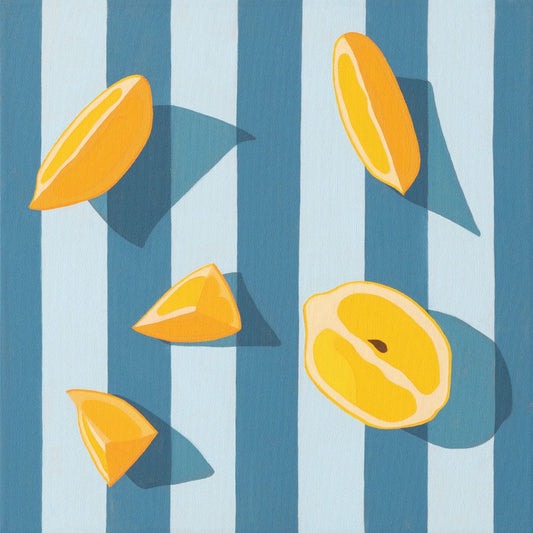 fine art print of a colorful and modern original oil painting of bright yellow lemons on a stripy light sky blue and blue background with strong darker blue shadows