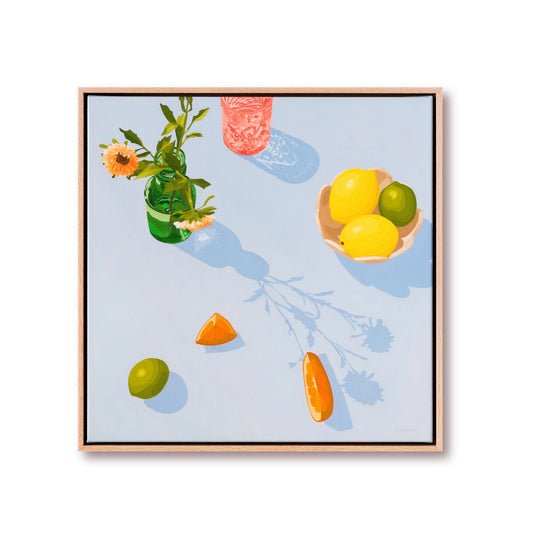 contemporary modern original oil painting of colourful fruits and flowers on a soft sky blue background