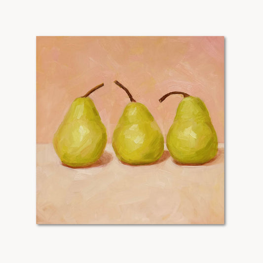 modern and contemporary oil painting of three soft green pears on a soft peach and cream background