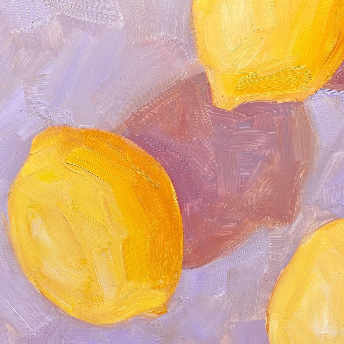 closeup of an original oil painting of three vibrant lemons with strong dark pink shadows on a textured lilac background