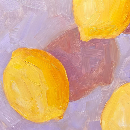 closeup of an original oil painting of three vibrant lemons with strong dark pink shadows on a textured lilac background