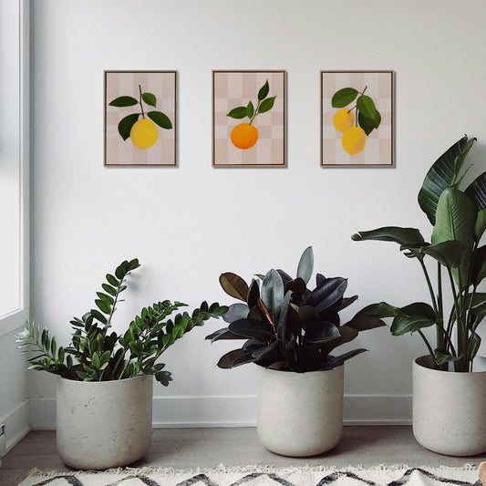 Three potted plants in a room with wall art of lemons and oranges.