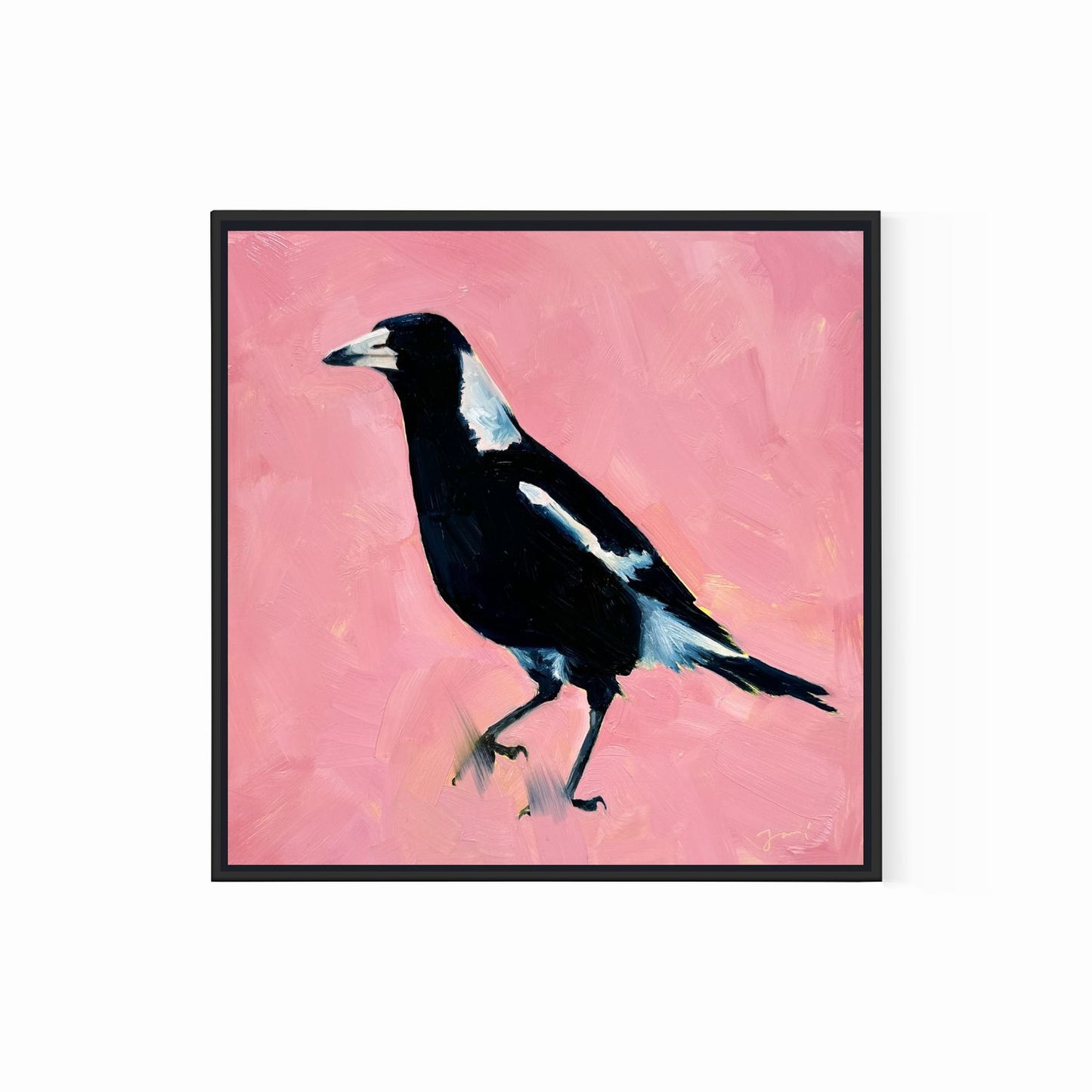 modern and contemporary original oil painting of a colourful navy blue and white magpie on a textured bubble gum pink background